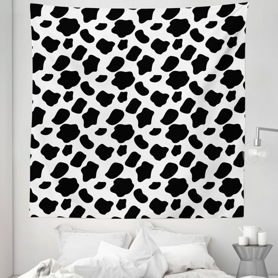 Cow Print Tapestry, Cattle Skin Pattern Scattered Spots Animal Hide Plain and Pasture Theme, Fabric Wall Hanging Decor for Bedroom Living Room Dorm, 5 Sizes, White Black, by Ambesonne