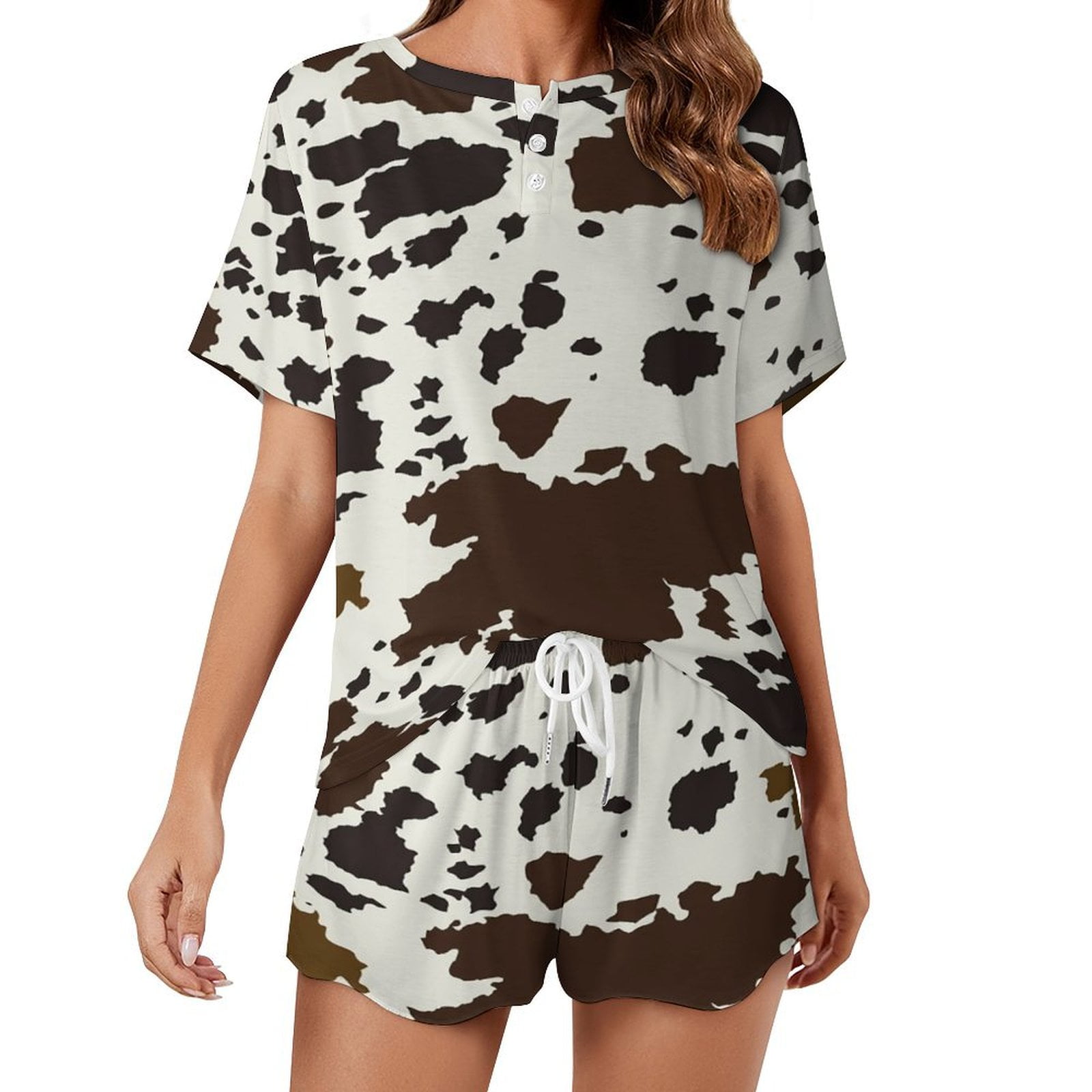 WDIRARA Women's 2-Piece Cow Print Pajama Set – Short Sleeve Button Down Top & Pants, Soft Stretch Fabric