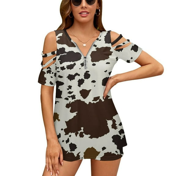 Cow Print Textures Womens Summer V Neck Zipper Top Short Sleeve T Shirt Off Shoulder Top Casual Classy Loose Shirts