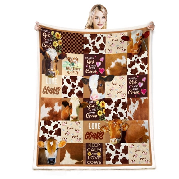Cow Print Throw Blanket,Bull Cattle Cow Blankets and Throws,Farm Animal Fleece Sherpa Blanket 50"x60",Rustic Farmhouse Sunflower Floral Decor for Bed Sofa Couch Bedroom