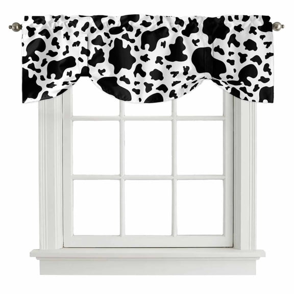 Cow Print Tie Up Valance Curtains for Windows, Kitchen Curtains Window Treatments, Modern Black White Farm Animal Patterned Short Window Shades Valances for Bedroom Bathroom Cafe 54"x18"