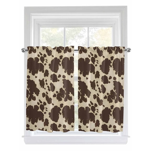 Cow Print Tier Curtains 45 Inches Long, Farmhouse Beige Brown Animal Prints Vintage Window Treatment Curtain Drapes, Small Curtain Drapes for Bathroom Laundry Room, 27.5"x45", 2 Panels