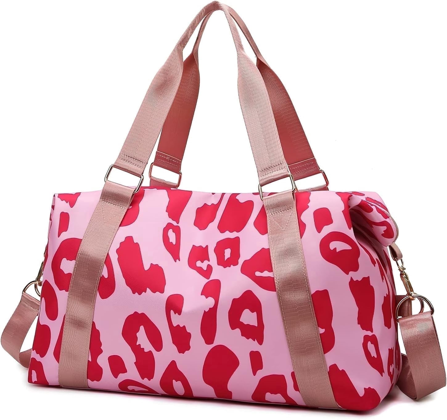 Cow Print Travel Duffle Bags for Womens, Pink Leopard Sports Tote Gym Bag,Carry on Overnight Workout Bag with Trolley Sleeve Wet Pocket Beach Yoga, Cow, Animal Sport Travel