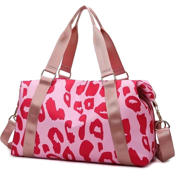 Cow Print Travel Duffle Bags for Womens, Pink Leopard Sports Tote Gym Bag,Carry on Overnight Workout Bag with Trolley Sleeve Wet Pocket Beach Yoga, Cow, Animal Sport Travel