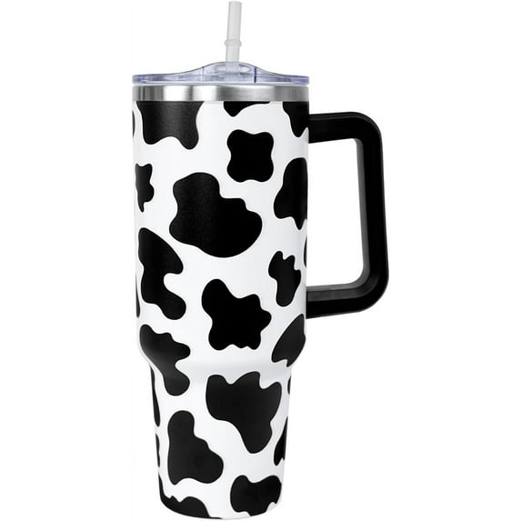 Cow Print Tumbler 40 Oz, Cow Cup Coffee Mug Water Bottle, Double Vacuum Leak Proof Coffee Travel Mug, Cow Gifts for Cow Lovers, Cow Print Stuff, Stainless Steel 40 Oz Tumbler with Handle and Straw