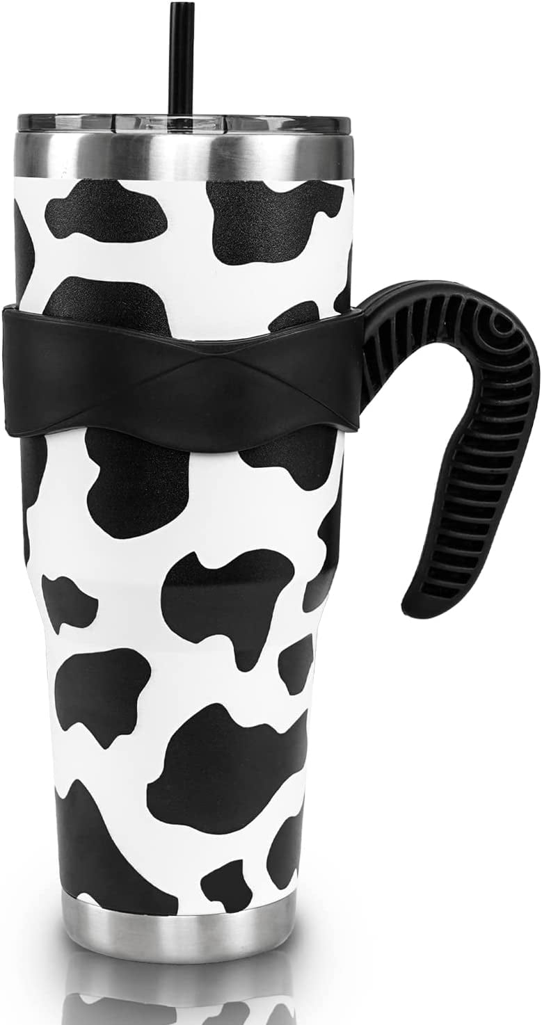 Black/White Cow Print Insulated Tumbler Cup with Handle