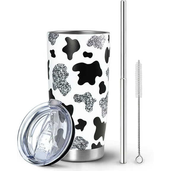 Cow Print Tumbler with Lid and Straw, Cute Cow Gifts for Women Cow Lovers, Cow Print Cup Water Bottle Coffee Travel Mug Stainless Steel Vacuum Insulated 20 Oz Tumblers, Cow Stuff Accessories Decor