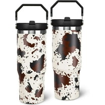 30oz Stainless Steel Tumbler with Lid, Straw & Handle - Brown Cow Print Travel Coffee Mug | Vacuum Insulated Water Bottle | Cow Gift for Women and Girls