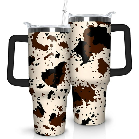 Cow Print Tumbler with Lid and Straw, Stainless Steel 40oz Tumbler with Handle, Cow Print Travel Coffee Mug Water Bottle, Highland Cow Gifts Cups for Women and Girls