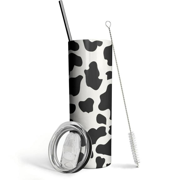 Cow Print Tumbler with Lid and Straw Stainless Steel Insulated Thermal Slim Cows Skinny Tumbler 20 Oz Cow Print Cups Cute Coffee Cup with Lid and Straw Cow Print Mug for Women