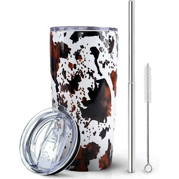 Cow Print Tumbler With Lid and Straw - 20 oz Insulated Stainless Steel Travel - Cup Cow Stuff Accessories Decor - Double Wall Coffee Mug - Birthday Gifts for Mom, Sister, Friends, Women