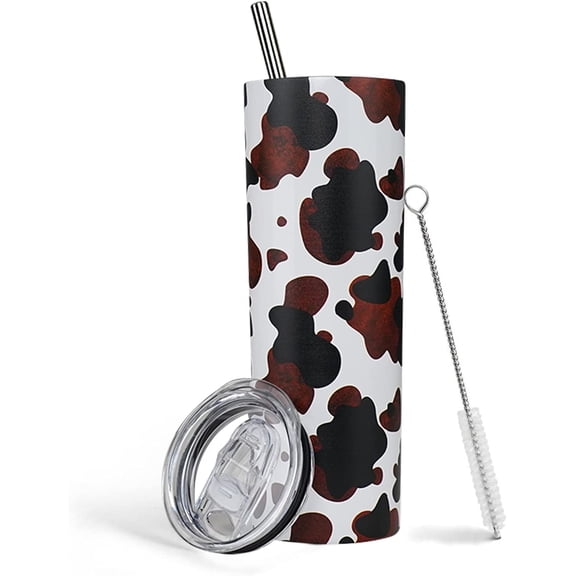 Cow Print Tumbler With Lid and Straw Stainless Steel 20oz Cow Print Skinny Tumbler Insulated Cow Print Cups Water Bottle Coffee Mug Travel Tumbler Gifts for Women