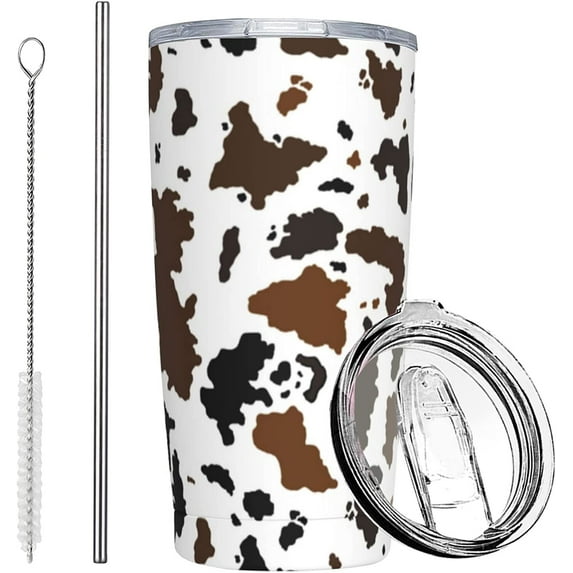 Cow Print Tumbler with Lid and Straw, 20 Oz Cup Stainless Steel Insulated Water Bottle Coffee Mug, Gifts for Cow Print Lover