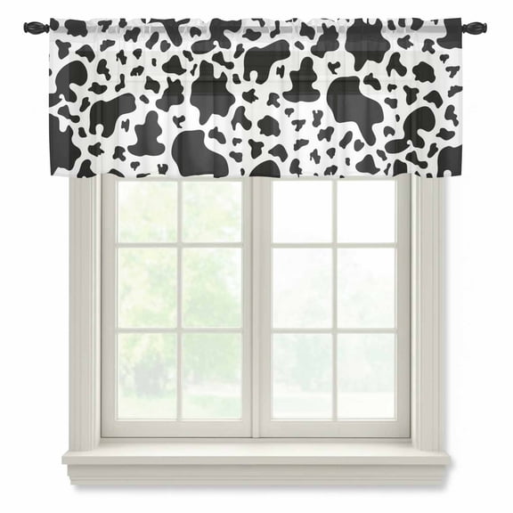 Cow Print Valance Curtains for Kitchen/Living Room/Bathroom/Bedroom Window, Rod Pocket Small Topper Half Short Window Curtains Voile Sheer Scarf, Modern Black White Farm Animal Patterned 42"x18"