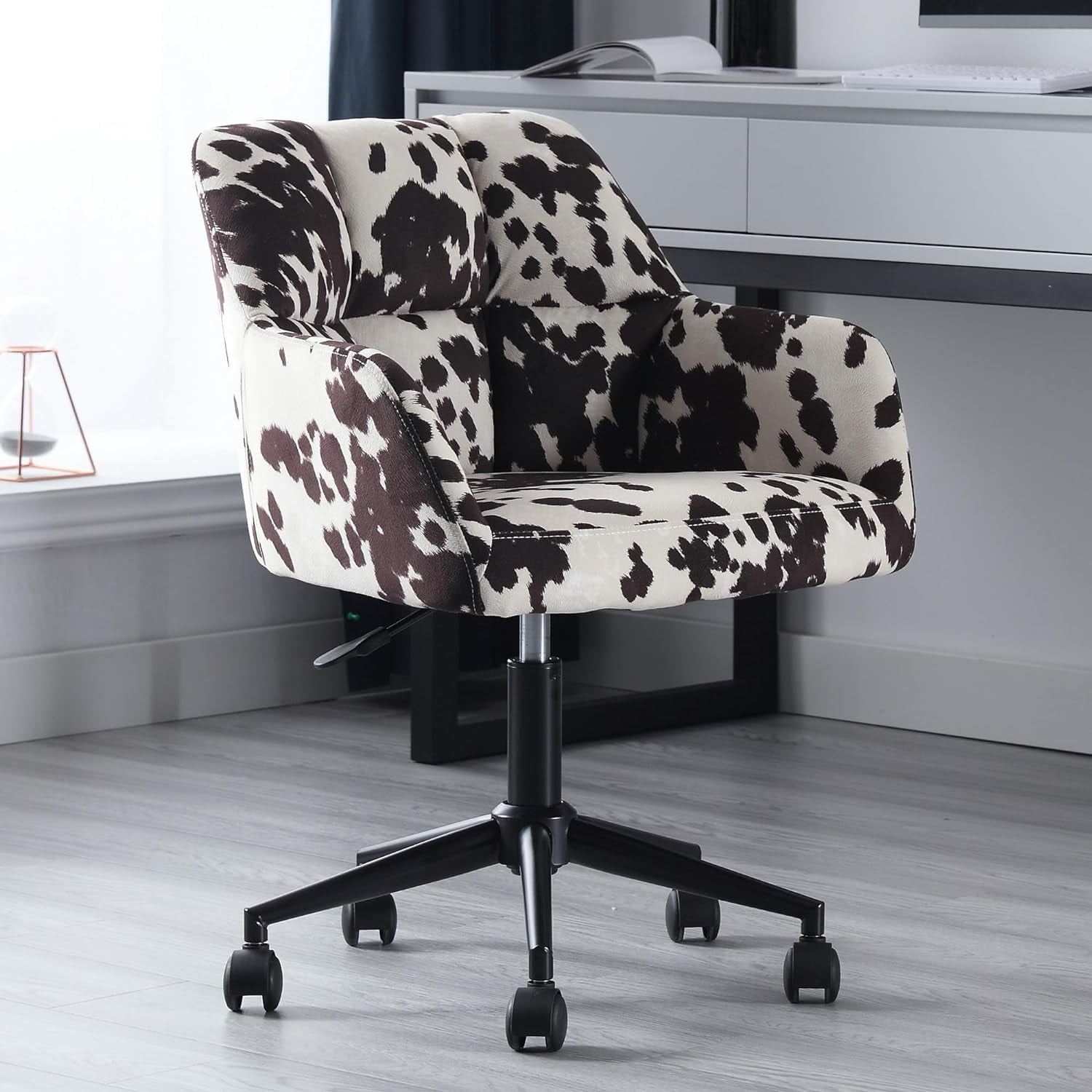 Cow Print Velvet Desk Chair Office Chair with Mid Back Support Armrest