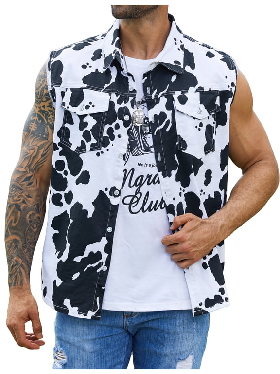 Cow Print Vest Men Sleeveless Cowboy Jacket Animal Pattern Shirt Western Tops(Black and White Cow,XL)
