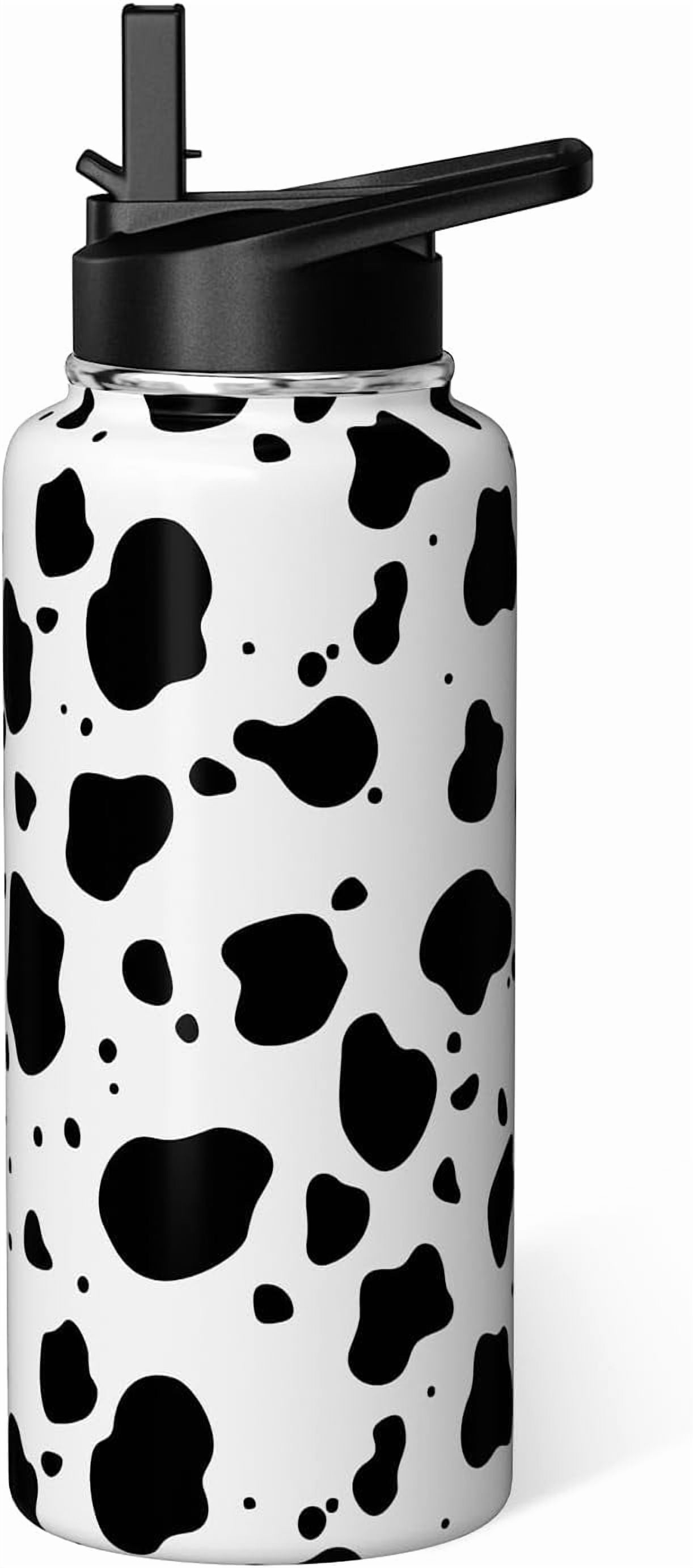 Cow Print Water Bottle with Straw Lid 32oz Vacuum Insulated Sports Water Bottles Cow Gifts for Women Men Cow Print Stuff Accessories Stainless Steel Thermos Travel Mug