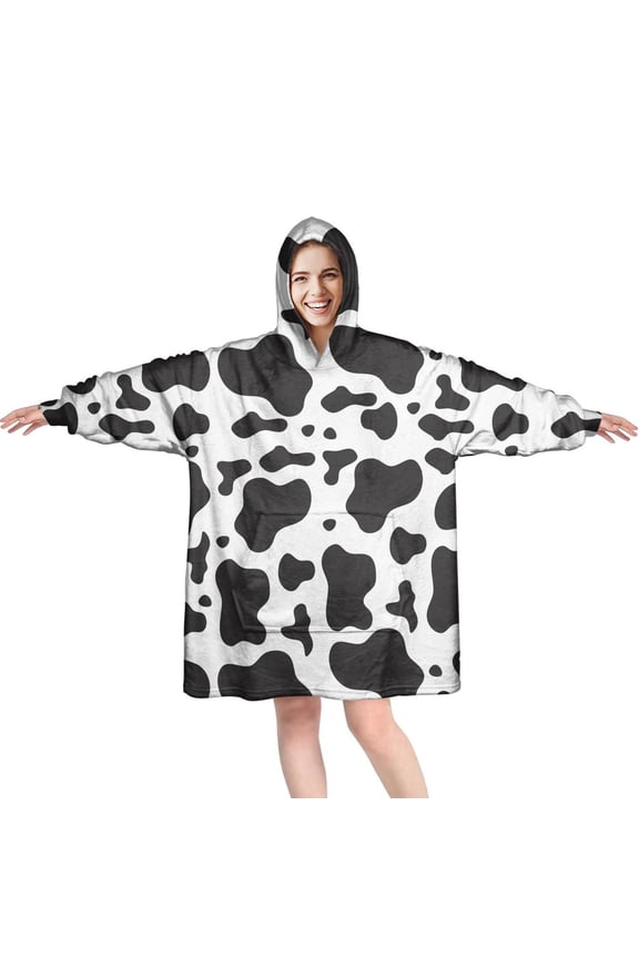 Cow Print Wearable Blanket Hoodie, Oversized Sherpa Hooded Blanket Sweatshirt, Super Warm and Cozy Hoodie Blanket for Women Men Adults