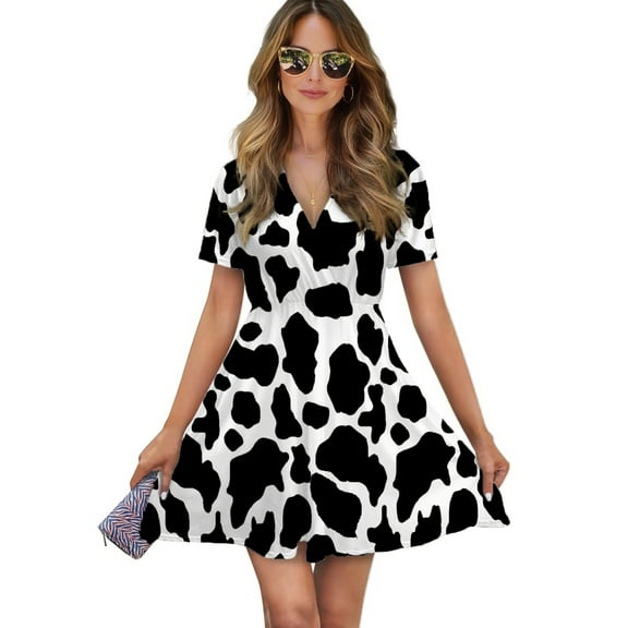 Cow Print Black White Women Dress V-Neck Short Sleeve Flowy Swing Party Midi Dress