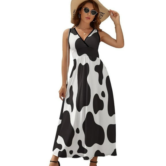 Cow Print  Dress Summer Street Style Bohemia Long Dresses Female Sleeveless Printed Maxi Dress