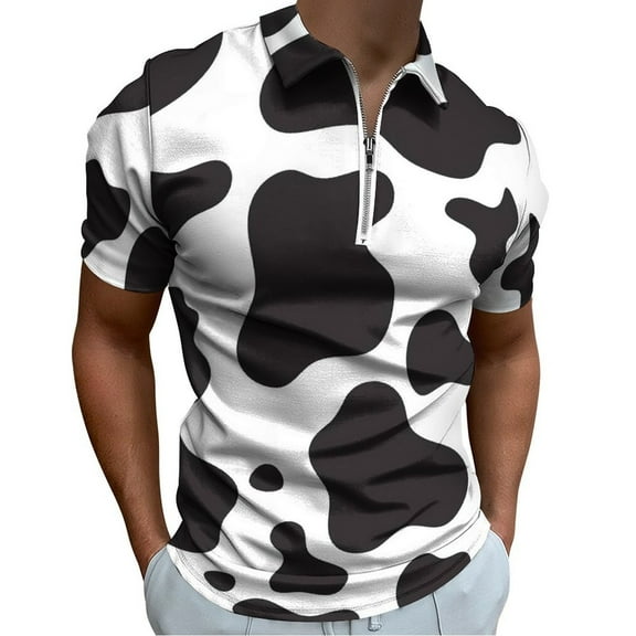 Cow Print  Men Zipper T-shirt Summer Casual Short Sleeve T-shirt Top