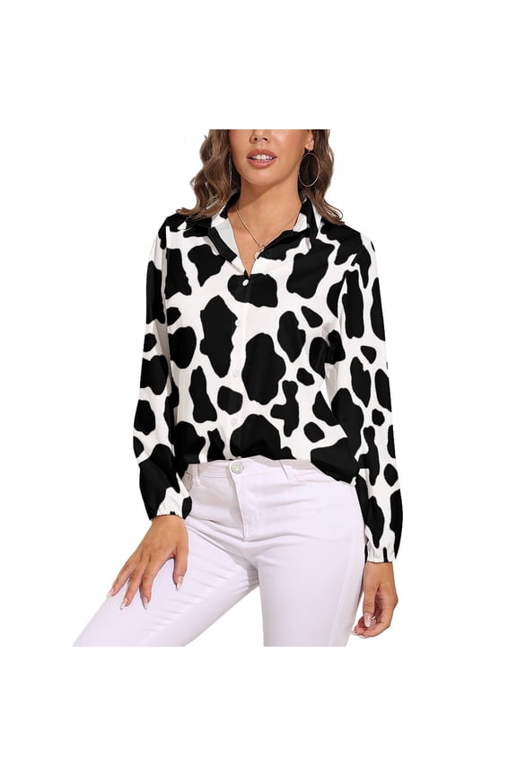 Cow Print black White Long Sleeve Blouse Woman Streetwear Casual Shirts Summer Oversize Woman Streetwear Clothing Birthday Present