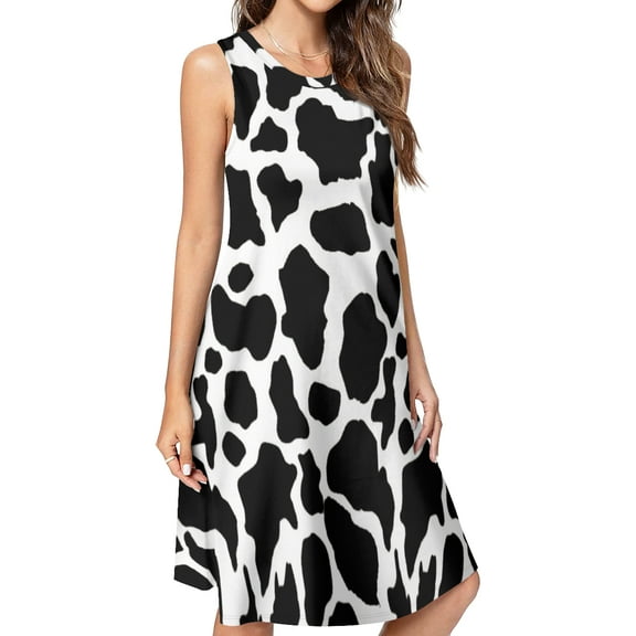 Cow Print black white Spring Summer Dresses for Women Fashion T-shirt Dress Casual Sleeveless Loose Sundress with Pockets