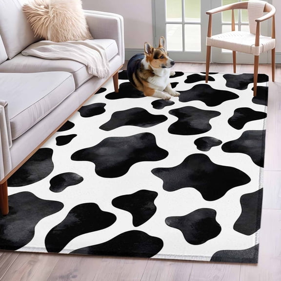Cow Printed Area Rugs 3'x5', Washable Small Throw Rugs for Living Room Bedroom, Farmhouse Black White Animals Textured Indoor Outdoor Rug Non-Slip Low Pile Carpet Runner Reversible Floor Mats