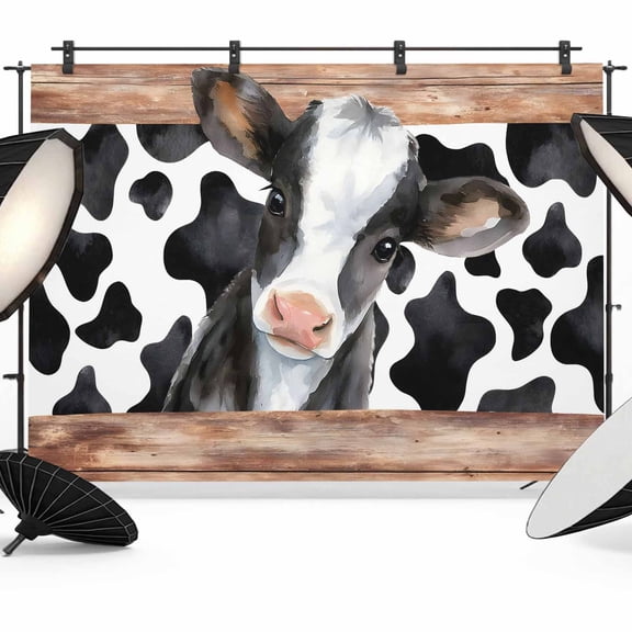 Cow Printed Backdrop for Photoshoot,Photography Photo Studio Background Wall Backdrop,Farmhouse Watercolor Country Wooden Grain Back Drop Banner Panel for Portraits Wedding Live Streaming 10x8Ft