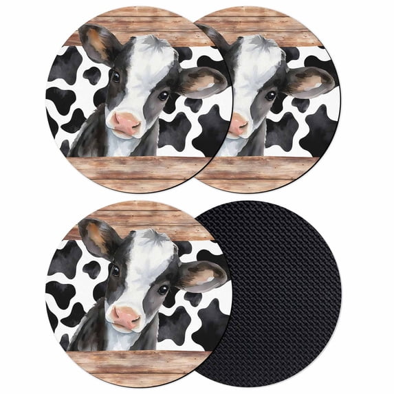 Cow Printed Coasters Set of 4, Absorbent Coasters for Drinks, Farmhouse Watercolor Country Wooden Grain Coaster for Desk Coffee Table Protection, Home Decor House Warming Gifts 4"