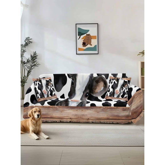 Cow Printed Couch Cover for Dogs, Farmhouse Watercolor Country Wooden Grain Washable Sofa Covers Slipcover for Pets Dogs Futon Cover, Couch Recliner Covers, Oversized Chair Slipcover 71"x91"
