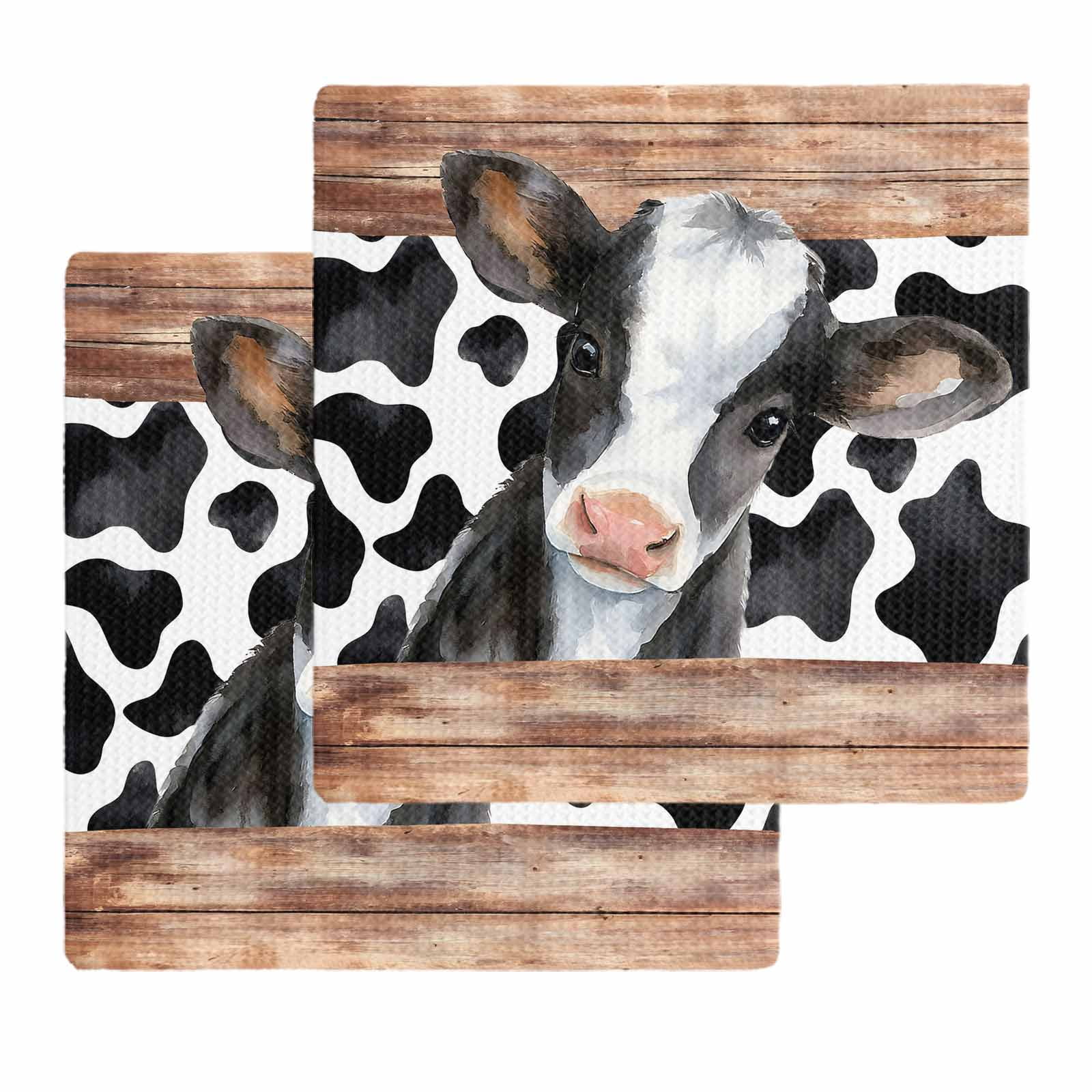 Cow Printed Kitchen Dish Towels for Drying Dishes Set of 2, Farmhouse Watercolor Country Wooden Grain Waffle Weave Microfiber Hand Tea Bathroom Towels Quick Dry & Absorbent Towel 12x12