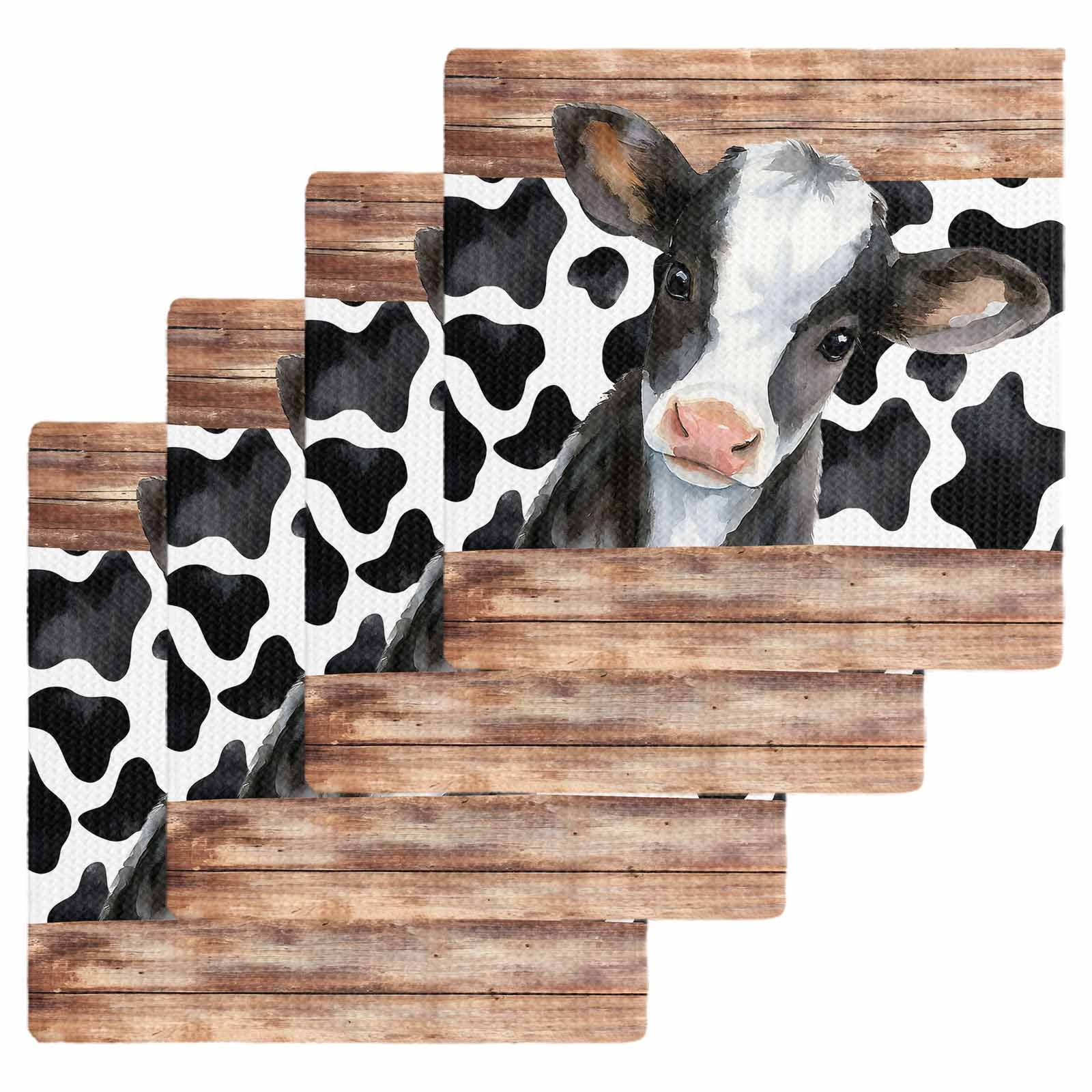 Cow Printed Kitchen Dish Towels for Drying Dishes Set of 4, Farmhouse Watercolor Country Wooden Grain Waffle Weave Microfiber Hand Tea Bathroom Towels Quick Dry & Absorbent Towel 12x12