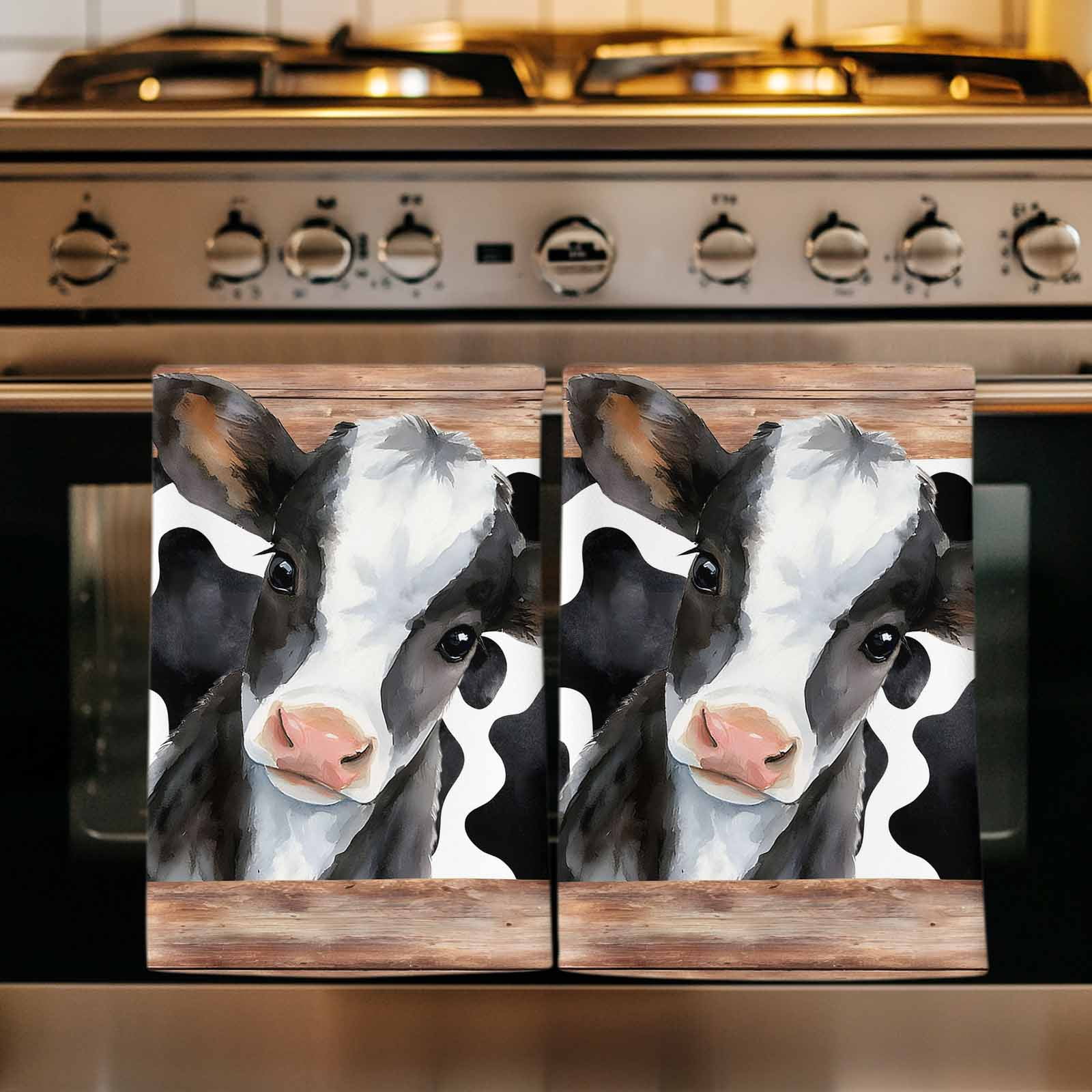 Cow Printed Kitchen Towels Set of 2, Farmhouse Watercolor Country Wooden Grain Absorbent Dish Towels for Kitchen, Microfiber Hand Towel, Quick Drying Tea Towel for Cleaning Decorative Dishcloths