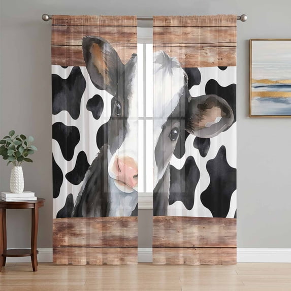 Cow Printed Sheer Curtains 84 Inches Long 2 Panels Set, Window Sheer Curtains for Living Room/Bedroom, Farmhouse Watercolor Country Wooden Grain Light Filtering Rod Pocket Curtain 52''x84''x2