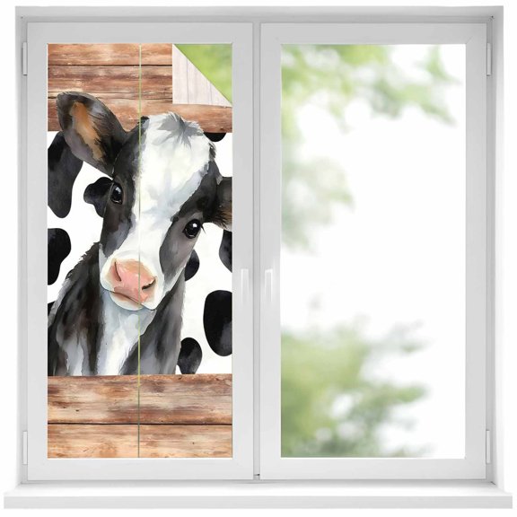 Cow Printed Window Privacy Film, Farmhouse Watercolor Country Wooden Grain Static Cling UV Sun Blocking Heat Control Window Tint Day and Night, Non-Adhesive One Way Privacy Cover 17.7''x39.3''