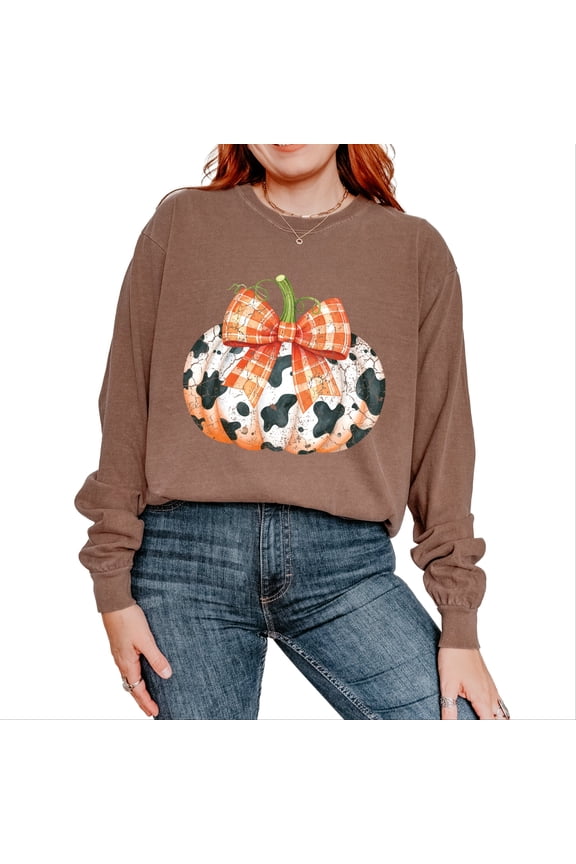 Cow Pumpkin Coquette Distressed - Garment Dyed Long Sleeve