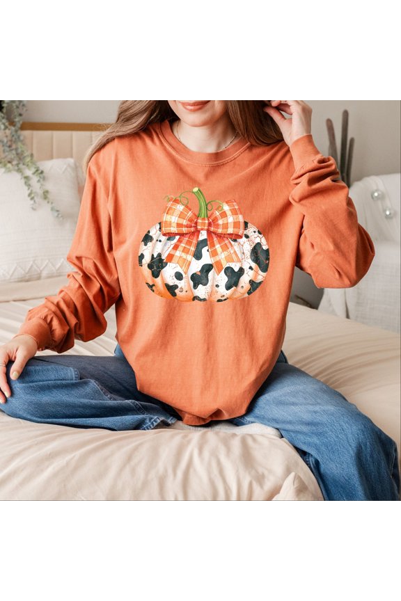 Cow Pumpkin Coquette Distressed - Garment Dyed Long Sleeve