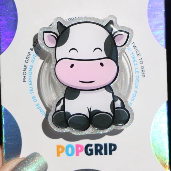 Cow Resin Phone Grip: Sparkly White Kids Tablet Grip