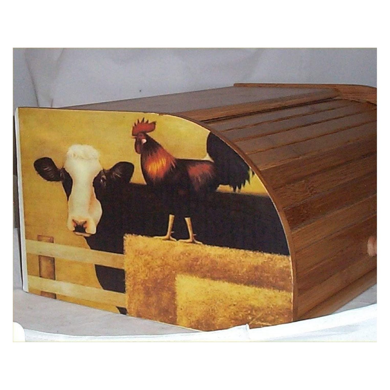 Cow & Rooster Bread Box Bamboo Wood Country Farm Kitchen Rolltop Decor