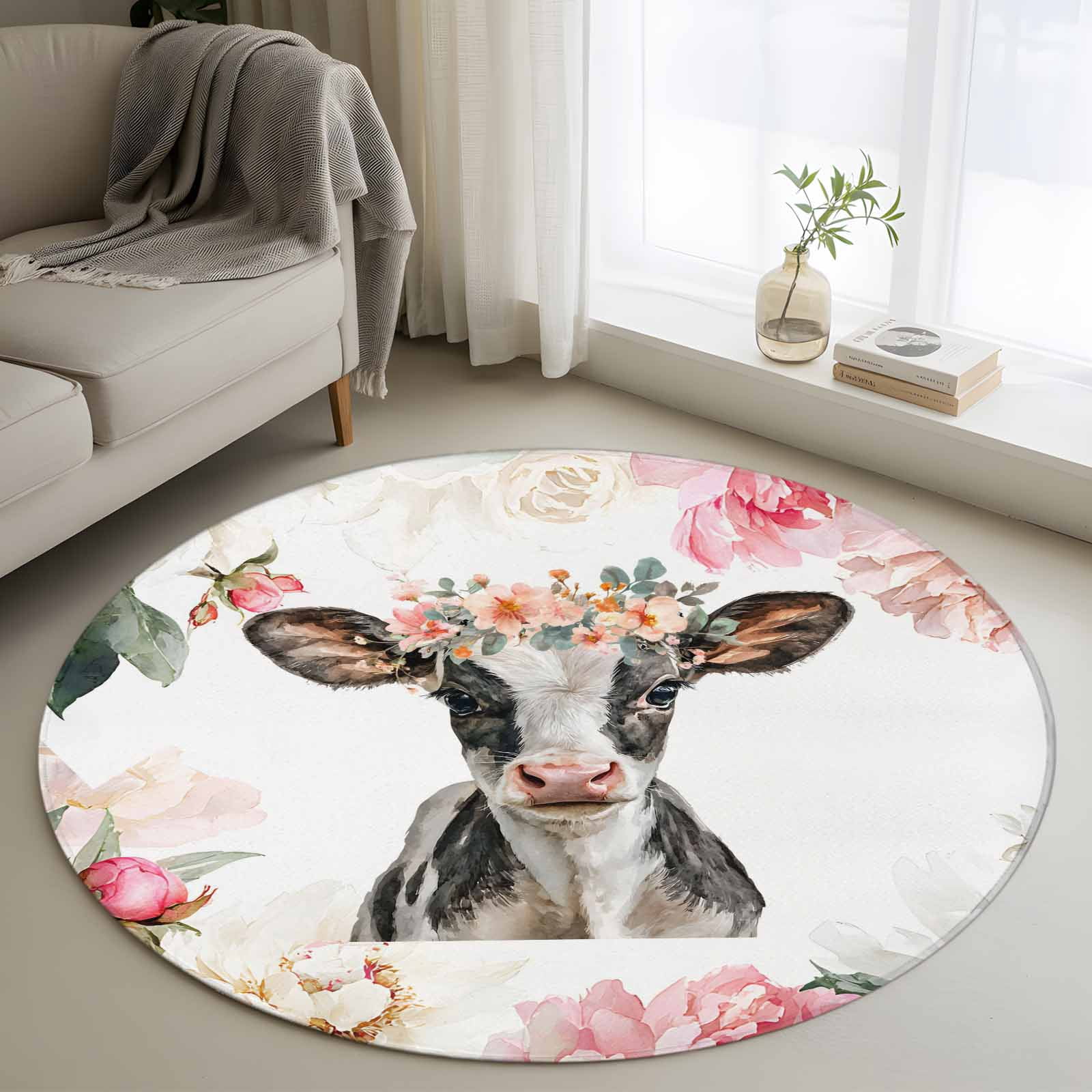 Cow Rose 3.3' Round Rug for Bedroom Reading Corner, Pink Watercolor ...