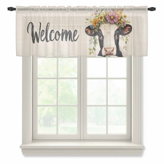 Cow Semi Sheer Valance Curtains Welcome Voile Valances Curtain Rod Pocket Small Window Treatment for Kitchen Bathroom Cafe 60"x18"