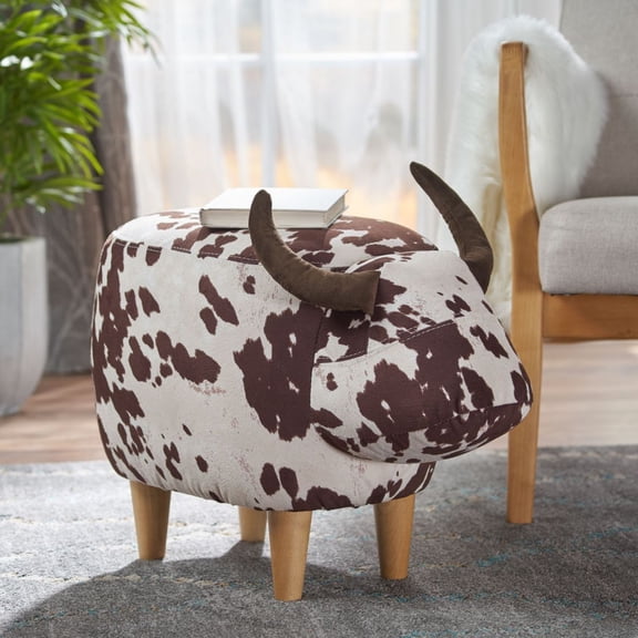 Cow Shaped Ottoman Footstool, Animal Accent Stool with Velvet Fabric and Wood Legs, Modern Home Decor