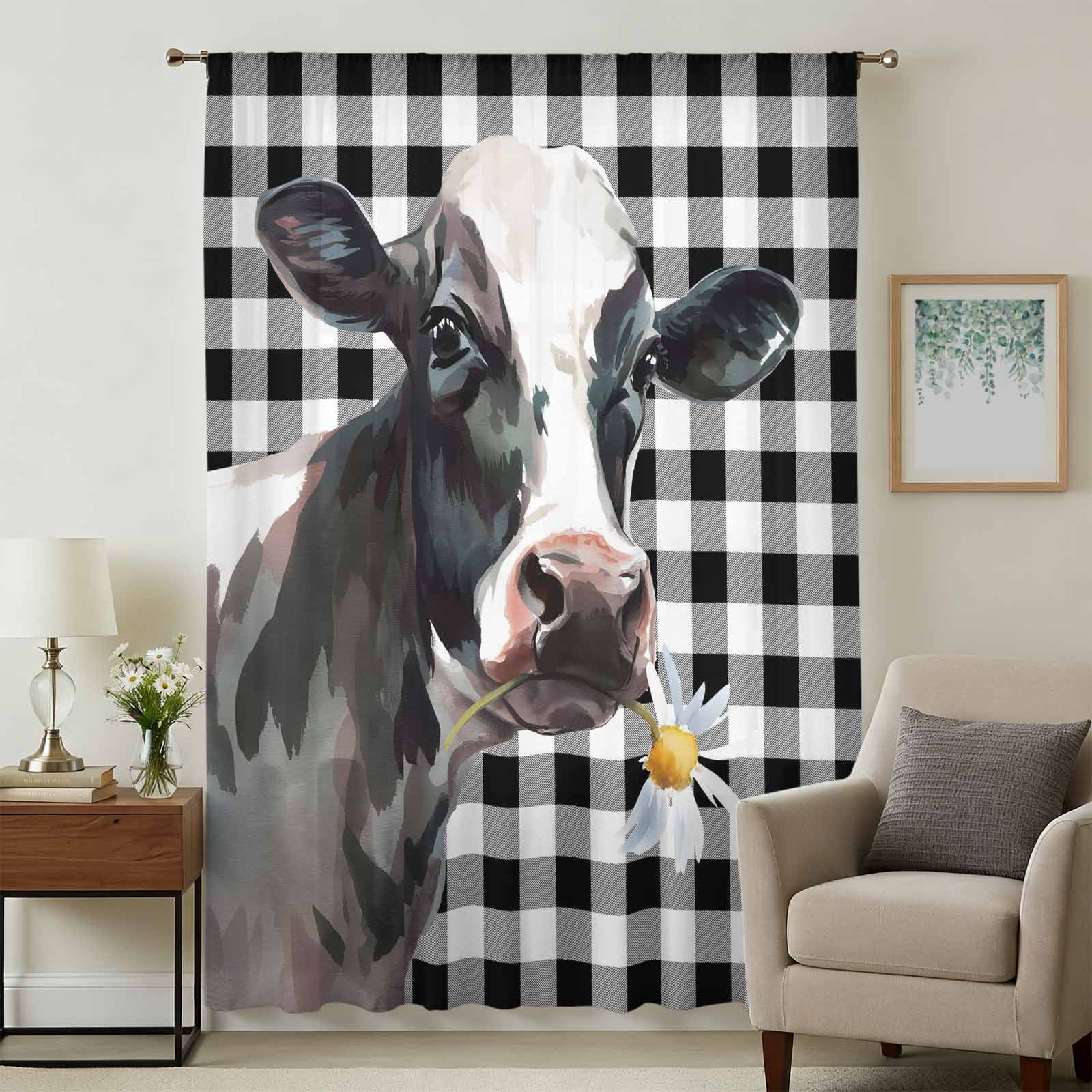 Cow Sheer Curtains 108 Inches Extra Long, Farm Animal Black Buffalo ...