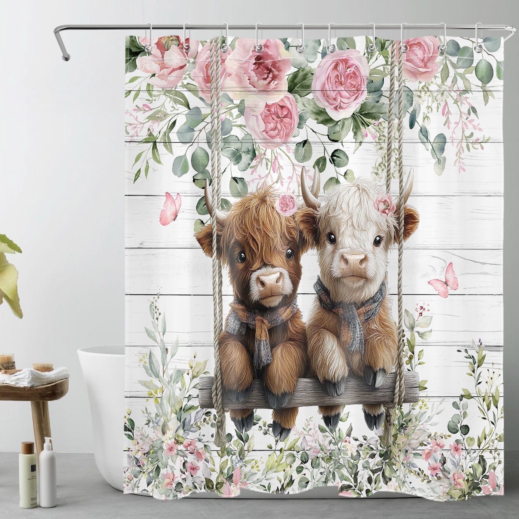 NEONWE Farmhouse Highland Cow Floral Shower Curtain, Pink Flower with Farm Cow and Eucalyptus Bathroom Curtain, 60x72 Inches