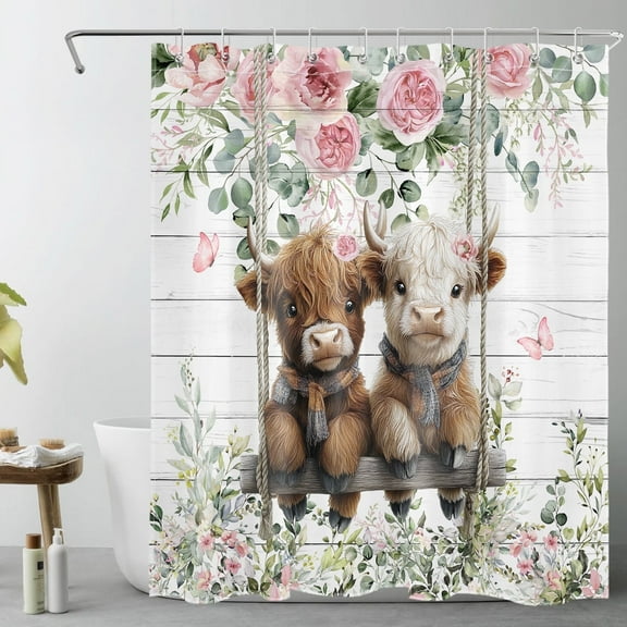 NEONWE Funny Home Decor Cow Spring Shower Curtain, Pink Cattle, Cute Calves Swing, Flowers, Eucalyptus 60x72 Inches, 10 Count