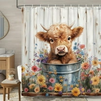 Cow Shower Curtain, Farmhouse Rustic Floral Funny Highland Cow Shower Curtains for Bathroom, Western Cute Calf Country Farm Animal Bathroom Decor, with Hooks, Surreal Bathroom Curtain, 70x75inch