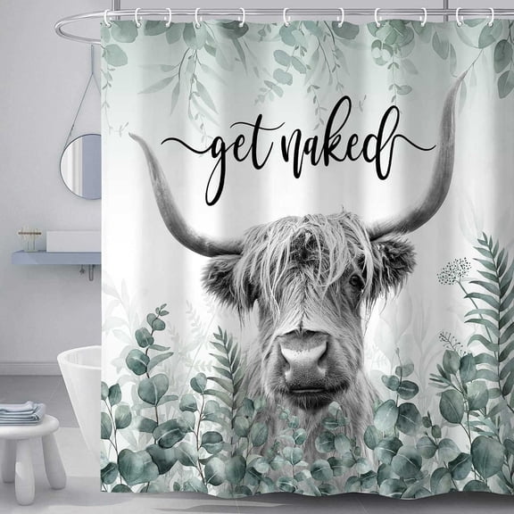 Cow Shower Curtain, Highland Bull Vintage Eucalyptus Sage Green Leaves Shower Curtain Set, Farmhouse Get Naked Cute Cow Teal Plant Bath Funny Animal Art Bathtub Decor with Hooks, 60X70 Inch