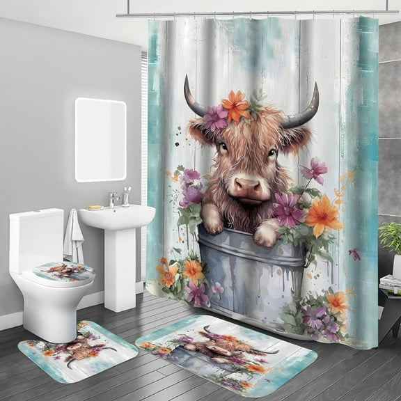 Cow Shower Curtain Sets 4PCS Set Western Farmhouse Funny Highland Cow Get Animal Print for Non-Slip Bath Rugs Soft Toilet Mat Rustic Bathroom Decor (Brown Truck Cow 4PCS)
