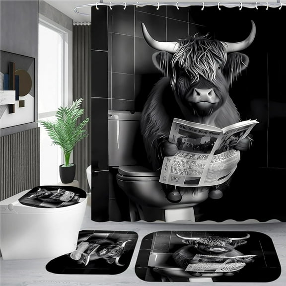 Cow Shower Curtain set 4PCS Set Western Farmhouse Funny Highland Cow Get Naked Animal Print for Non-Slip Bath Rugs Soft Toilet Mat Rustic Bathroom Decor (Blue Sunflower Cow 4PCS)